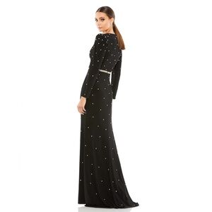 BELTED JEWEL ENCRUSTED PLUNGE NECK LONG SLEEVE GOWN